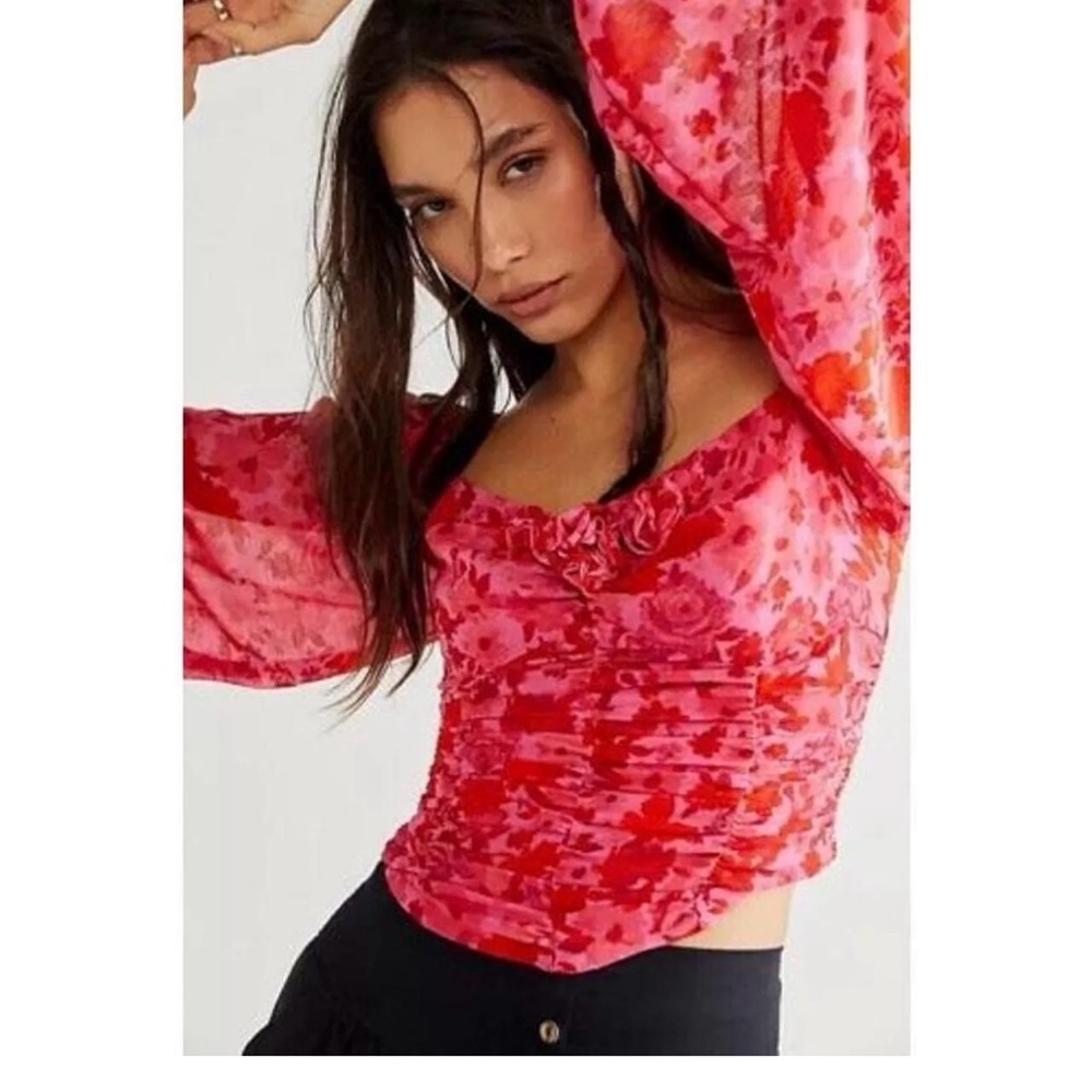 Free People Womens Pink Floral Balloon Sleeve Ruched Oh Lala Rosette Crop Top XS
